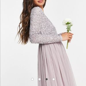 Maya long sleeve maxi
tulle dress in lilac gray